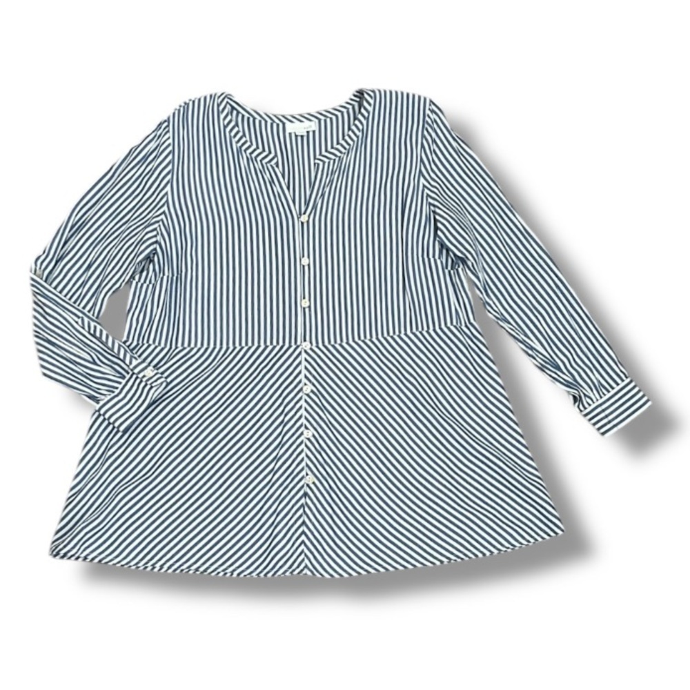 J Jill Blue and White Striped Women's Button Up Long Sleeve Top Size Medium